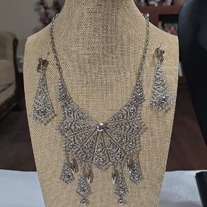 Vintage Vendome Art Deco Bib Style Silver Tone Filigree Necklace and Earring Set